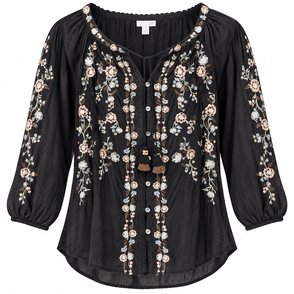 J.Jill Large Black Floral Embroidered Boho Peasant Blouse Tassel Tie